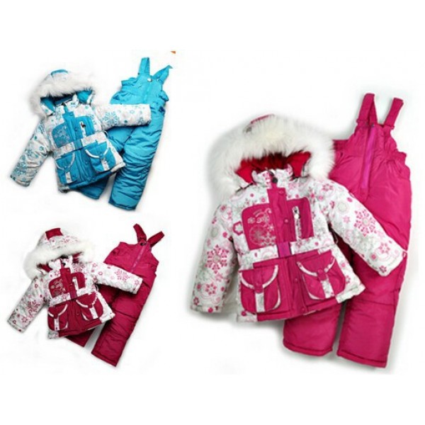 2014 New Children's Winter Clothing   baby girl Ski Suit Windproof Down Coat Flower Warm Coats Fur Jackets+Bib Pants 3 Colors