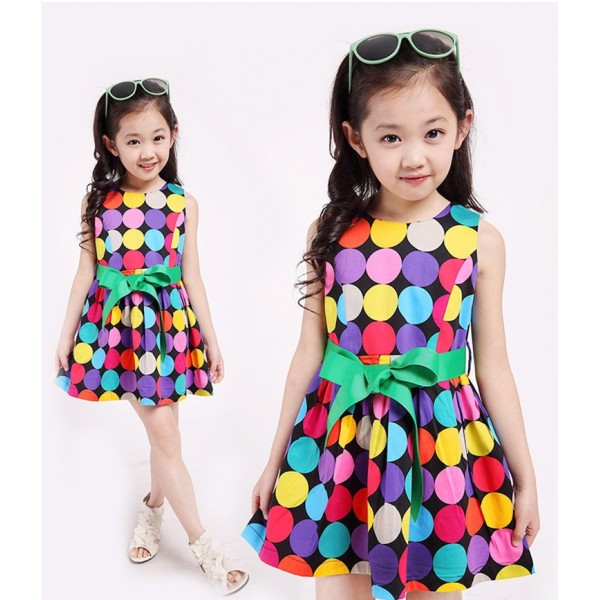 Summer Girls Fashion Rainbow Color Polka Dot Sleeveless Round Neck Big Green Ribbon Bow Belt Cotton Princess Party Show Skater Dress Free Shipping