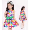 Summer Girls Fashion Rainbow Color Polka Dot Sleeveless Round Neck Big Green Ribbon Bow Belt Cotton Princess Party Show Skater Dress Free Shipping