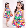 Summer Girls Fashion Rainbow Color Polka Dot Sleeveless Round Neck Big Green Ribbon Bow Belt Cotton Princess Party Show Skater Dress Free Shipping