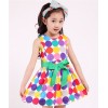 Summer Girls Fashion Rainbow Color Polka Dot Sleeveless Round Neck Big Green Ribbon Bow Belt Cotton Princess Party Show Skater Dress Free Shipping