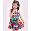 Summer Girls Fashion Rainbow Color Polka Dot Sleeveless Round Neck Big Green Ribbon Bow Belt Cotton Princess Party Show Skater Dress Free Shipping