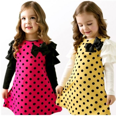 Sweetheart Baby Girls Toddler Kids Cute Polka Dot Long Flounced Sleeve Ribbon Bow Front Cotton Princess Party Dress Free Shipping