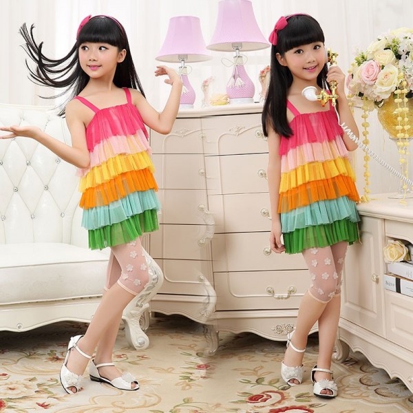 2015 Rainbow splicing dress with shoulder-straps rainbow children summer style beach bohemian toddler girl dresses
