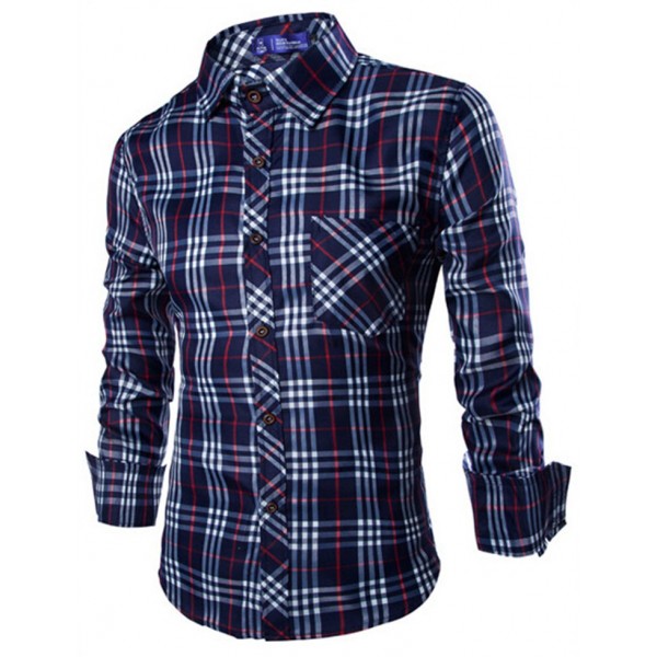 2015 New Blouse  Men's Shirts Plaid Shirts Casual  Stylish Fashion  Korean Style Long Sleeve Shirt Turn-down Collar  12064