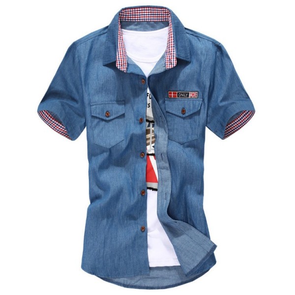 2015 New Mens Shirts Lattice neckline And Cuffs Short Sleeve Shirt Korean Style Summer Camisa Masculina M-XXL 13038